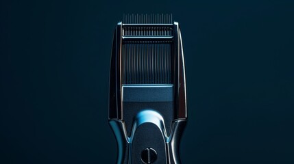 Isolated background with top view of clippers cutting hair short, studio lighting emphasizing precision, ideal for advertising uniform men's haircuts