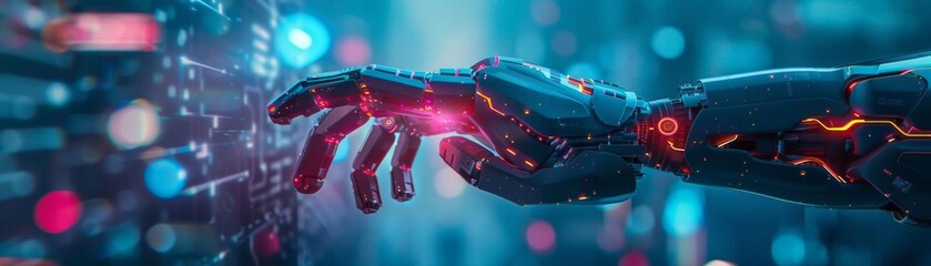 Futuristic robotic hand reaching out towards a digital interface with colorful lights in a cyber-world environment.