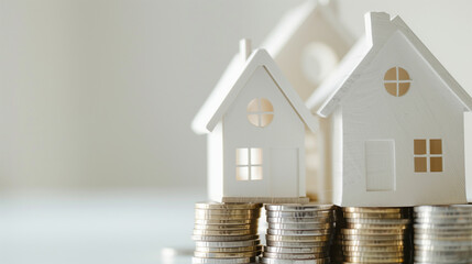 A stack of coins and a house model on top of it. Solid white background with copy space, real estate concept