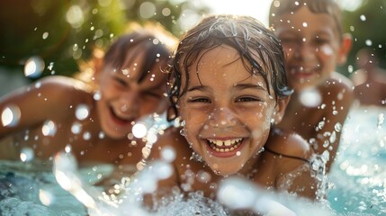 Children playing and learning, Three happy kids splashing and smiling in a pool, enjoying a sunny summer day with water droplets captured in motion.