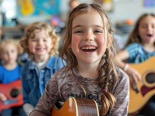 Children playing and learning, Joyful children smiling and playing guitars in a colorful classroom, focusing on a happy young girl in the foreground.