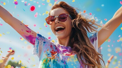 A girl with a bright and happy smile is in the middle of a summer festival, colorful confetti falling all around her, Ai generated Images