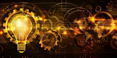 Leinwandbilder - Innovative Technology: Glowing Light Bulb and Gears Representing Ideas, Creativity, and Digital Circuit Connections in a Futuristic Setting, Generative AI