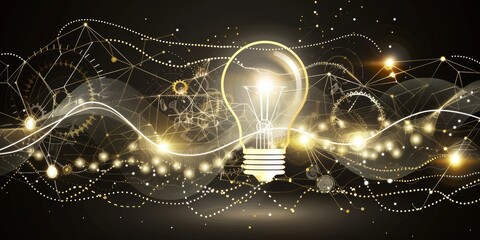 Leinwandbilder - Innovative Technology: Glowing Light Bulb and Gears Representing Ideas, Creativity, and Digital Circuit Connections in a Futuristic Setting, Generative AI