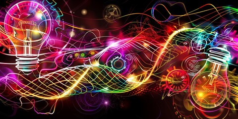 Leinwandbilder - Colorful Neon Light Bulbs: Abstract and Vibrant Energy Representing Creative Ideas, Innovation, and Futuristic Digital Technology, Generative AI