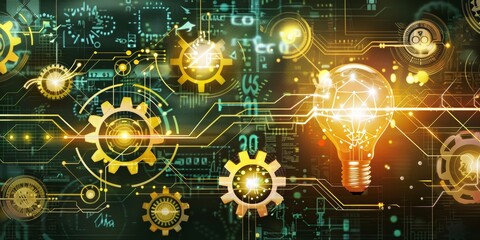 Leinwandbilder - Innovative Technology: Glowing Light Bulb and Gears Representing Ideas, Creativity, and Digital Circuit Connections in a Futuristic Setting, Generative AI