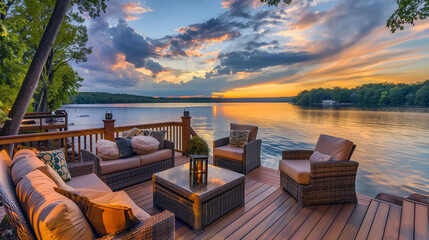 A beautiful lake with a wooden deck and a few chairs. The chairs are arranged around a table with a candle on it. The scene is peaceful and relaxing, perfect for a quiet evening by the water