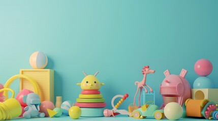 Colorful plastic toys on blue background.