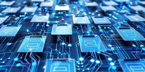 Fototapete - Futuristic Network Interface: Digital Technology Connecting Data and Information in a Secure, Virtual System for Online Communication, Generative AI