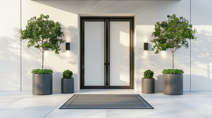 Wall Mural - The front door of a house is surrounded by two large potted trees and two smaller potted trees. Real estate concept.