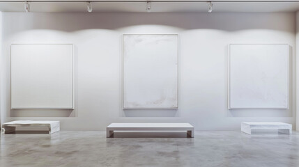 A contemporary art gallery with three massive plain white frames, each hosting a subtle, textured white canvas.