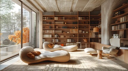 Contemporary home office with a cozy reading nook bathed in warm sunlight, complete with a large bookshelf and modern furniture, exudes comfort and style. 