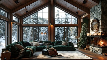 Cozy cabin interior with a warm fireplace and a view of snow-covered trees outside through large windows, ideal for winter comfort and luxury living. 