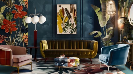 A stylish modern living room with tropical wallpaper, elegant furniture, and vibrant colors enhancing a chic interior design aesthetic. 