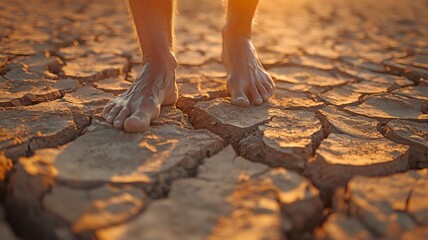 Man treading on broken ground while barefoot on the bottom of a dried-up lake