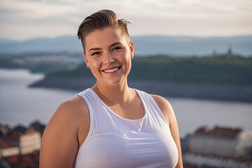 Wall Mural - White Beautiful Tomboy Lesbian Woman with Plump Body and Asymmetrical Haircut Smiling in a Tank Top