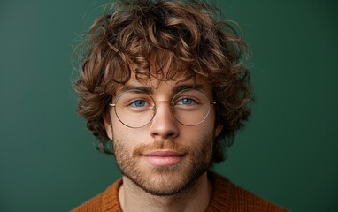 Close up of a cheerful young man with curly hair wearing glasses