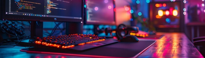 Abstract technology background with computer keyboard and headphones