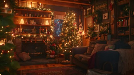 Poster - A living room filled with furniture and Christmas decorations, creating a cozy and festive holiday atmosphere, A cozy atmosphere filled with holiday cheer