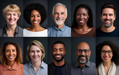 Diversity and ethnicity. Portraits of 10 people between the ages of 35 and 70 on darck background