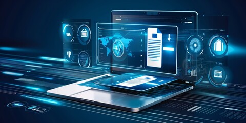 Fototapete - A Laptop Screen Displaying Secure Data Files and Technological Interfaces in a Modern, Connected Environment, Generative AI