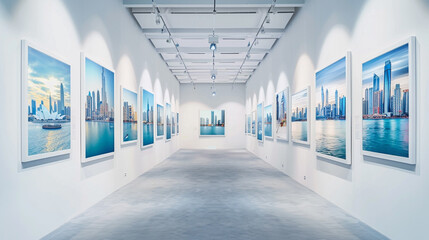  A contemporary gallery with plain white frames arranged to mimic the shape of a city skyline, each frame hosting a segment of a panoramic cityscape photograph.