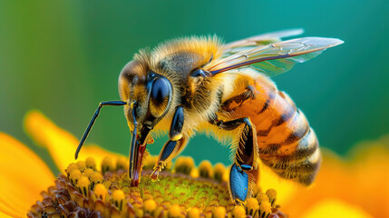 Wall Mural - biodiversity background. honeybee on a sunflower with blur green background