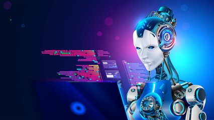 Wall Mural - ai robot work on laptop. robot software developer or programmer coding on laptop. ai chat bot writin