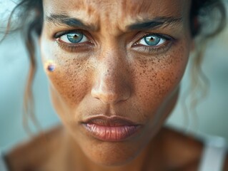 Wall Mural - Intense gaze of a young woman with striking blue eyes and freckles