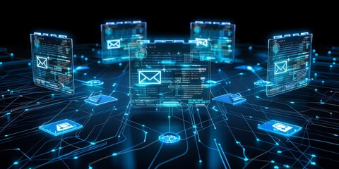 Fototapete - Digital Communication Network: Secure Email Interfaces Representing Cybersecurity and Data Connection in an Online Technological Environment, Generative AI