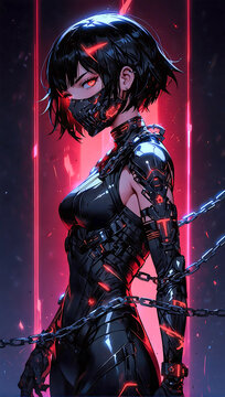 Portrait of an anime style cyberpunk female ninja warrior on a dark moody and atmospheric background