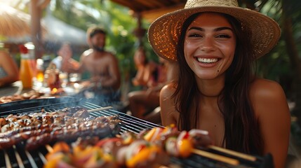 A smiling woman wearing a straw hat grills skewers at a sunny outdoor barbecue gathering with friends in the background 