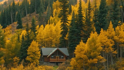 Poster - A cabin nestled in the woods surrounded by trees under a golden-hued sky, A cozy cabin nestled in a patch of golden-hued trees