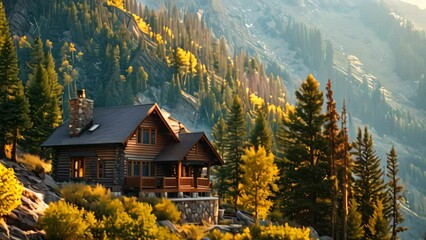 Wall Mural - A log cabin sits comfortably on a mountain side, blending with its surroundings, A cozy cabin nestled in the snowy mountains surrounded by pine trees