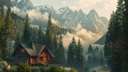 Wall Mural - A cabin nestled in the mountains, A cozy cabin nestled in the snowy mountains surrounded by pine trees