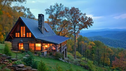 Wall Mural - A cabin nestled in the woods overlooks the majestic mountains in this scenic view, A cozy cabin nestled in the mountains with a panoramic view