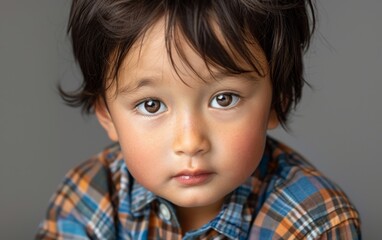 A close-up of a child in a plaid shirt