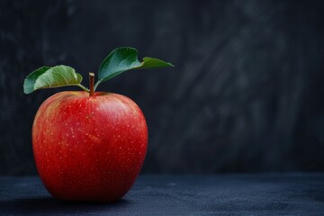 Juicy red apple with green leaves on dark background