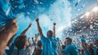 © AriyaniAI - group of Sky Blue football team fans cheer and celebrating a winning tournament or winning league in street. the fans wearing sky blue shirt . Generative AI