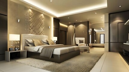 Wall Mural - Elegant and modern bedroom interior design with neutral color tones and luxurious furnishings for a sophisticated home atmosphere 