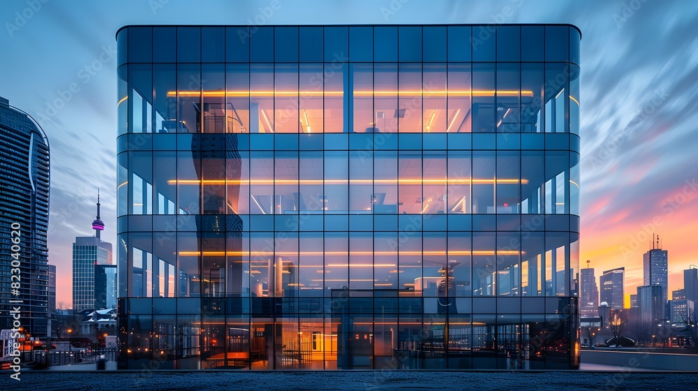 Modern office building with illuminated interiors against a dramatic ...