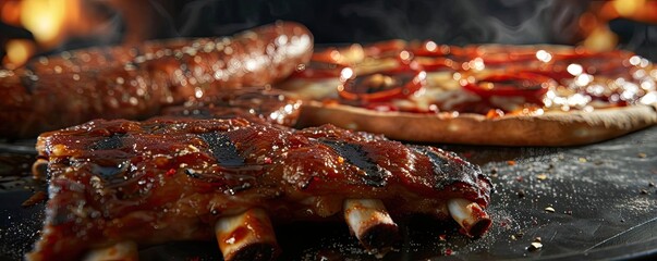 Wall Mural - Close-up of BBQ ribs and pepperoni pizza on a grill, featuring smoky and savory textures perfect for a barbecue gathering.