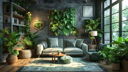 Wall Mural - Modern room with boho houseplants, chic furnishings, and a bright, minimalist design