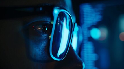 A man is wearing sunglasses and looking at a computer screen