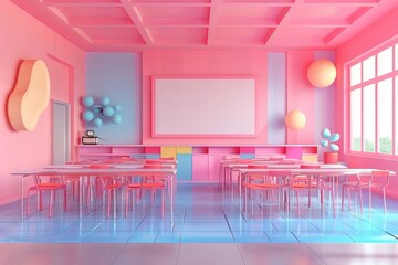 Pink and blue pastel classroom with colorful chairs and decorations.