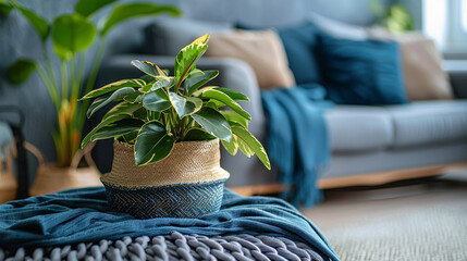 Wall Mural - Stylish apartment with a houseplant in a pot, chic cushions, and modern decor elements