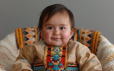 A trans male infant of Native American descent sitting in a chair, wearing a vibrant and colorful shirt