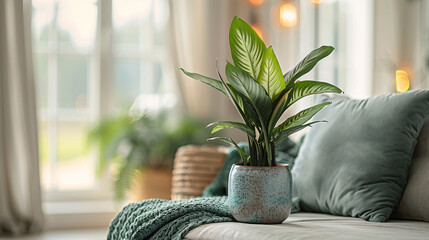 Wall Mural - Stylish home interior with a vibrant plant in a decorative pot, white cushions, and modern furniture