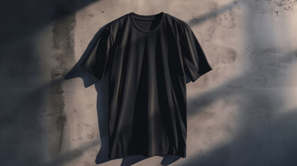 Wall Mural - Black T-Shirt Hanging On Sunlit Wall With Dramatic Shadows For Artistic Display, Mockup