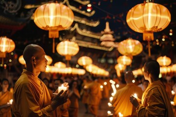 Wall Mural - group of monk carrying candle in the temple for Vesak Day celebration